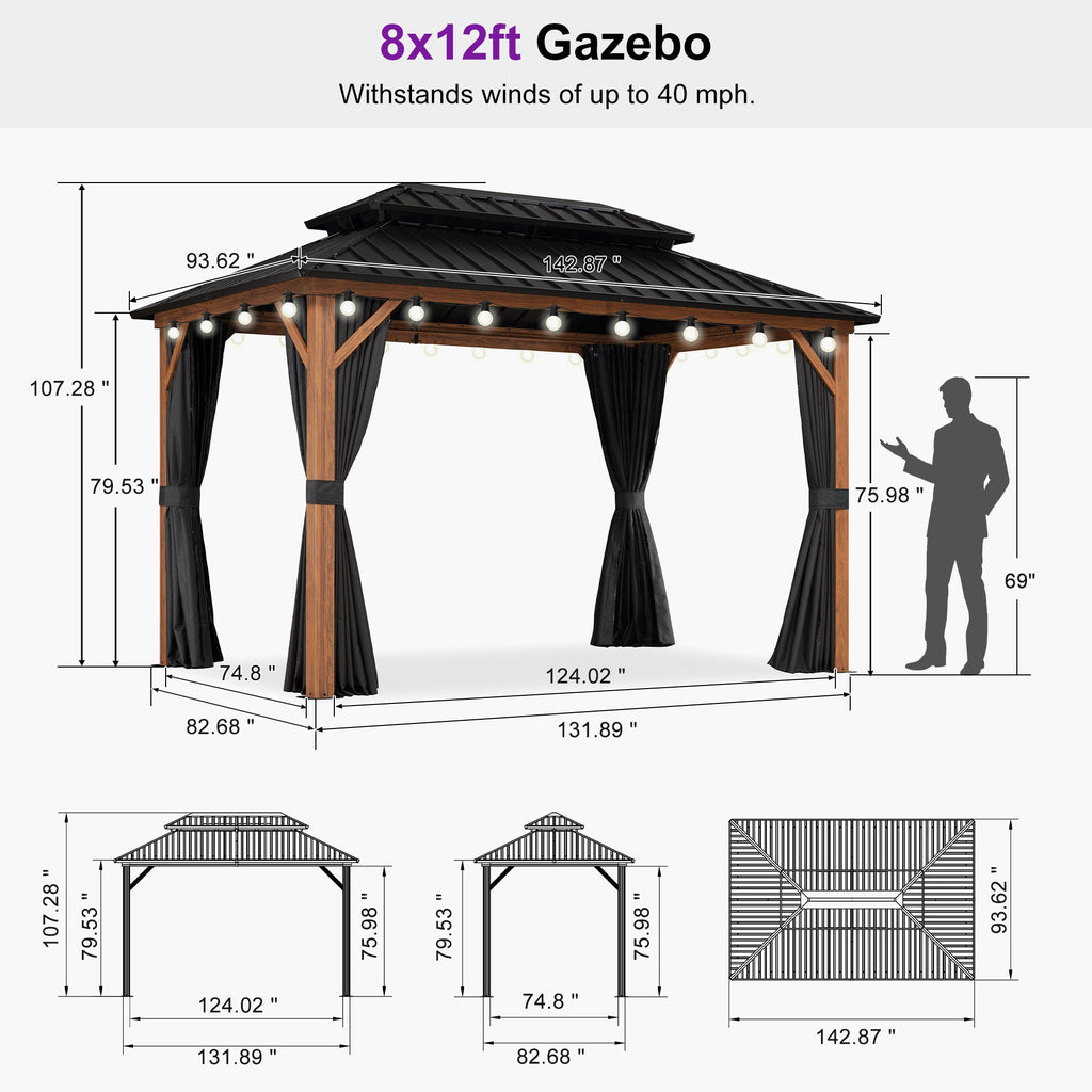 PURPLE LEAF Metal Gazebo Double Roof Wood Grain Aluminum Frame with Curtains and Netting with Lights-milky