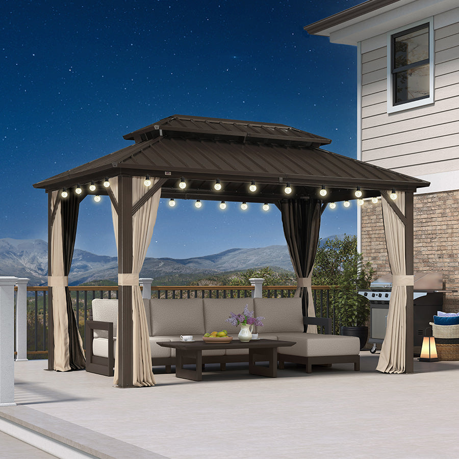 PURPLE LEAF Hardtop Gazebo Featuring Galvanized Steel Double Roof and Bronze Aluminum Frame with Curtains and Netting for Poolside with Lights-clear