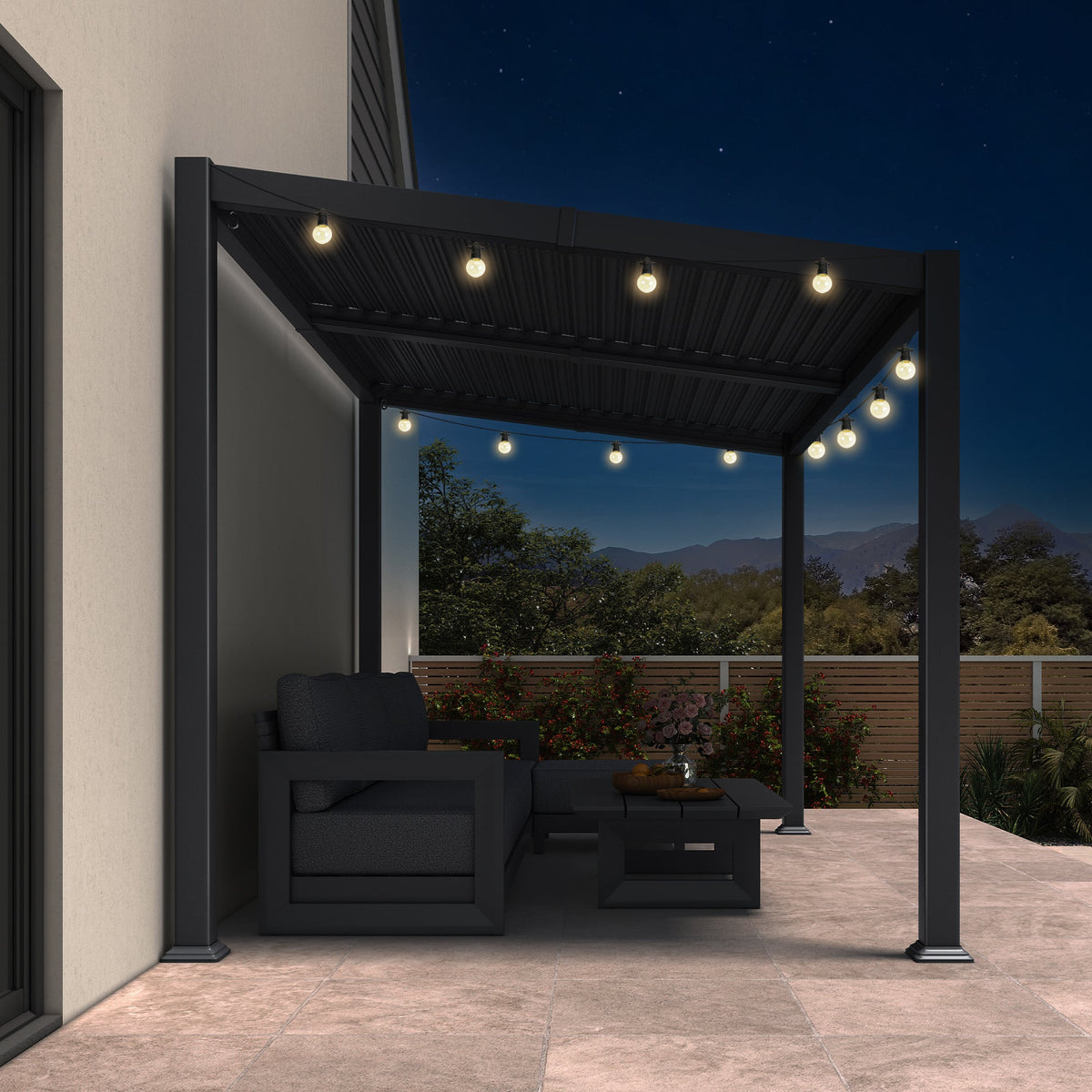 PURPLE LEAF Caesar Hardtop Louvered Pergola with LED String Lights, Slanted Roof Outdoor Aluminum Pergola with Adjustable Rainproof Louvers,Freestanding Patio Gazebo for Backyard Deck, Gray