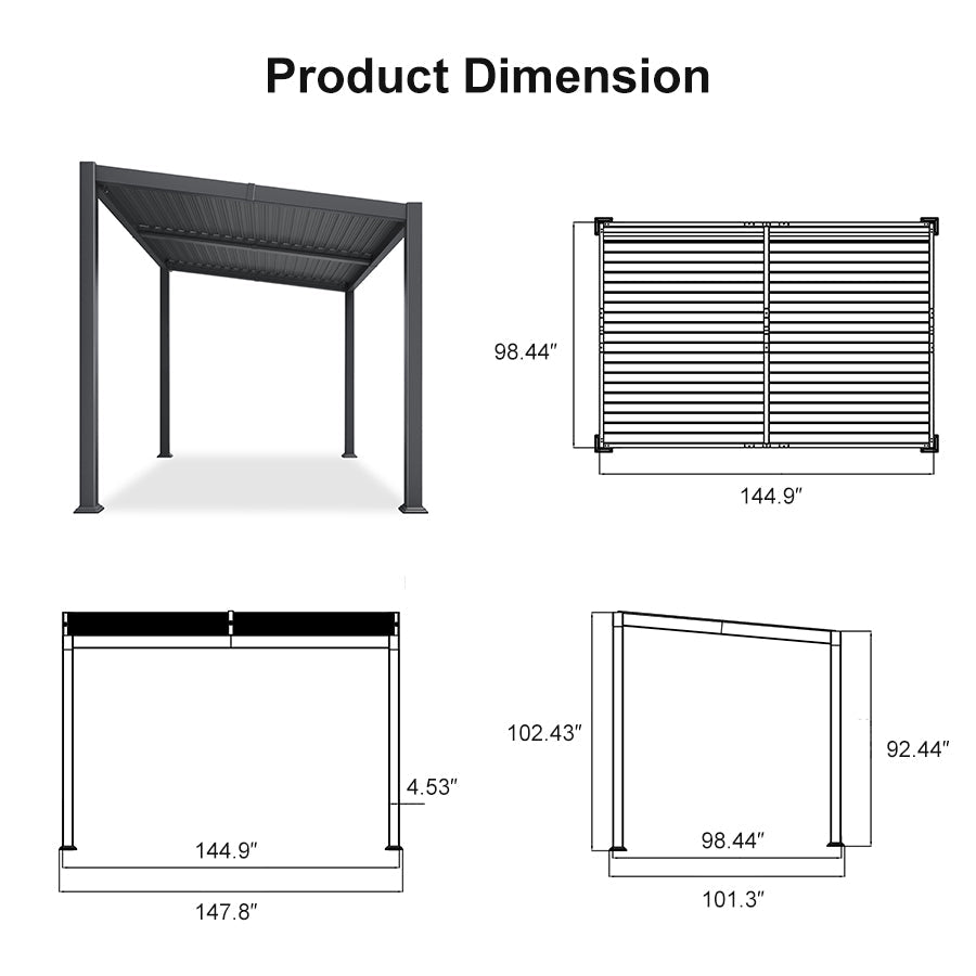PURPLE LEAF Caesar Hardtop Louvered Pergola, Slanted Roof Outdoor Aluminum Patio Pergola with Adjustable Rainproof Roof, Heavy-Duty Lean to Gazebo for Patios Backyard Deck, Gray