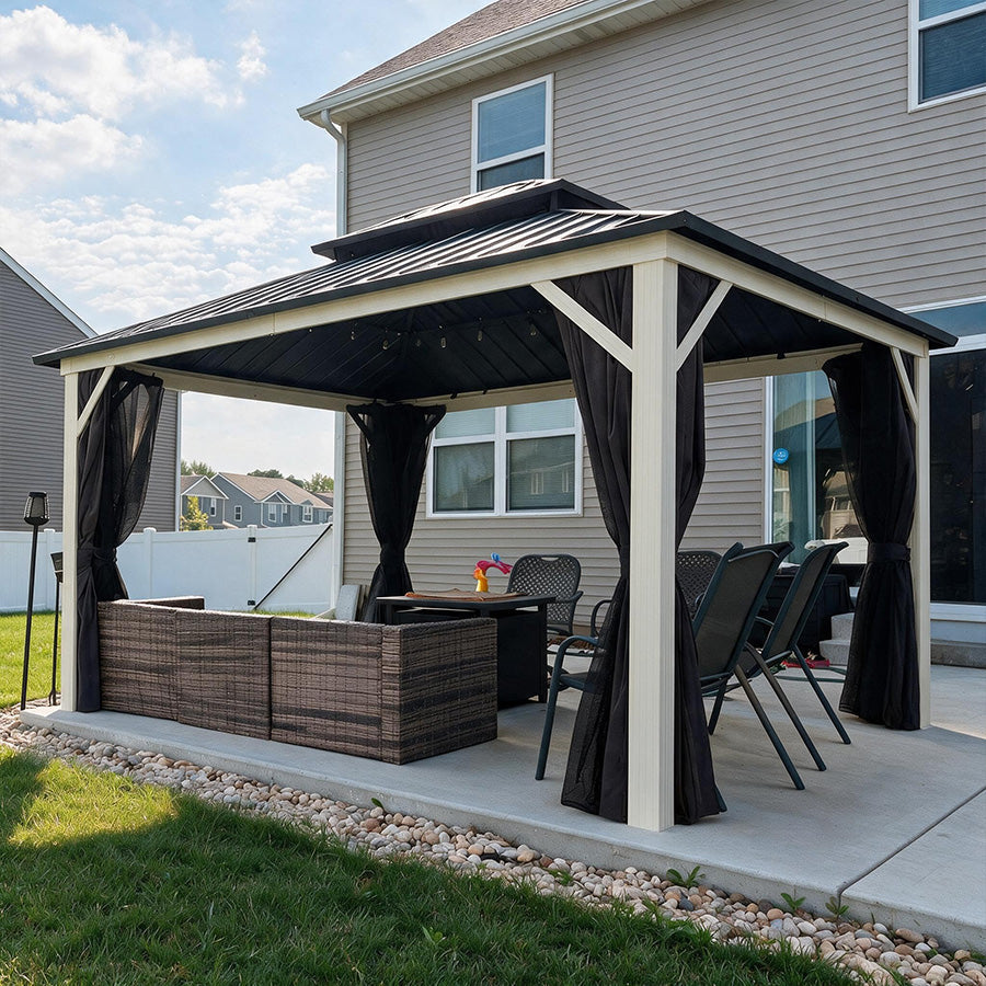 PURPLE LEAF Modern Gazebo Grey Hardtop Galvanized Steel Double Roof White Aluminum Poles with Curtains and Netting with Lights-clear