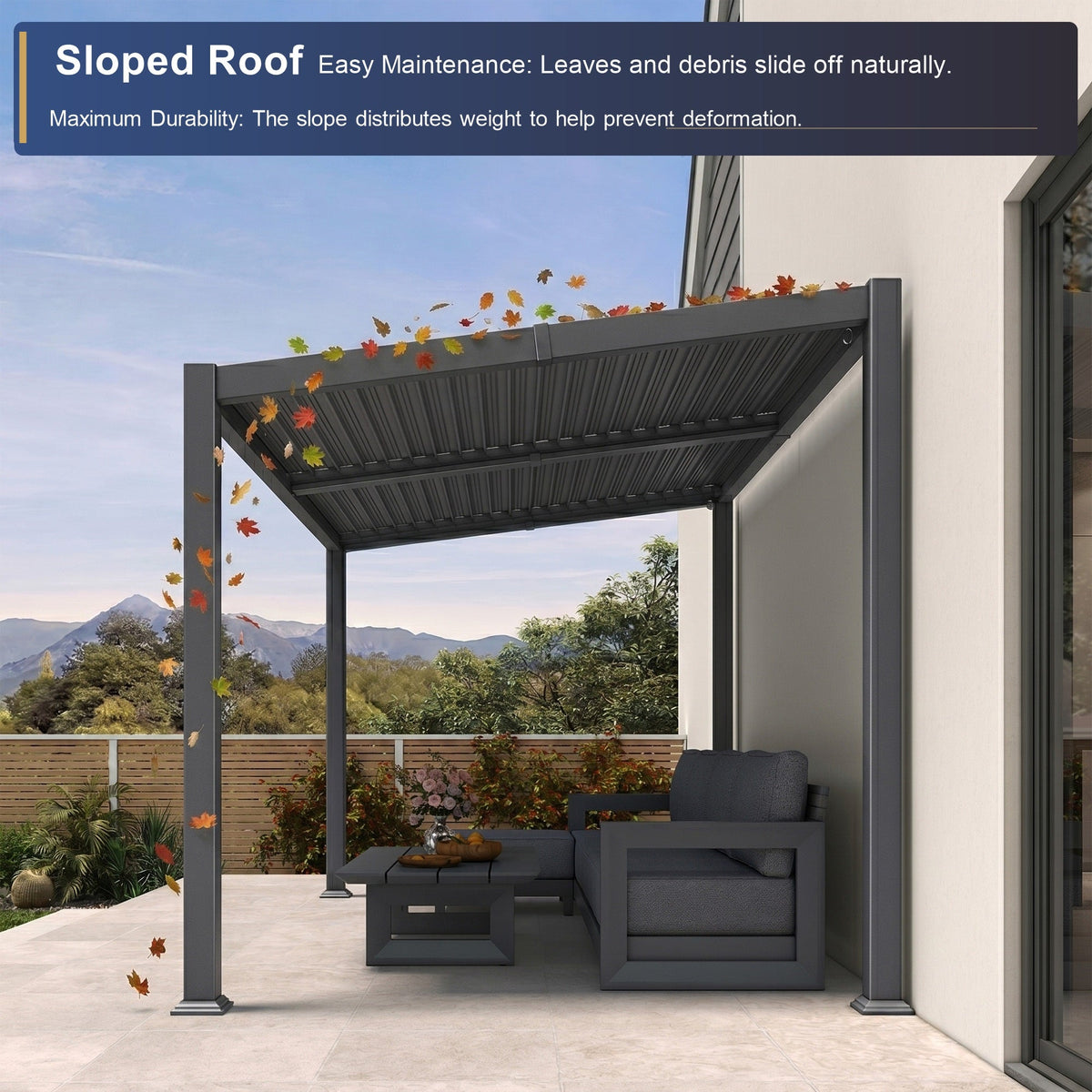 PURPLE LEAF Caesar Hardtop Louvered Pergola with LED String Lights, Slanted Roof Outdoor Aluminum Pergola with Adjustable Rainproof Louvers,Freestanding Patio Gazebo for Backyard Deck, Gray