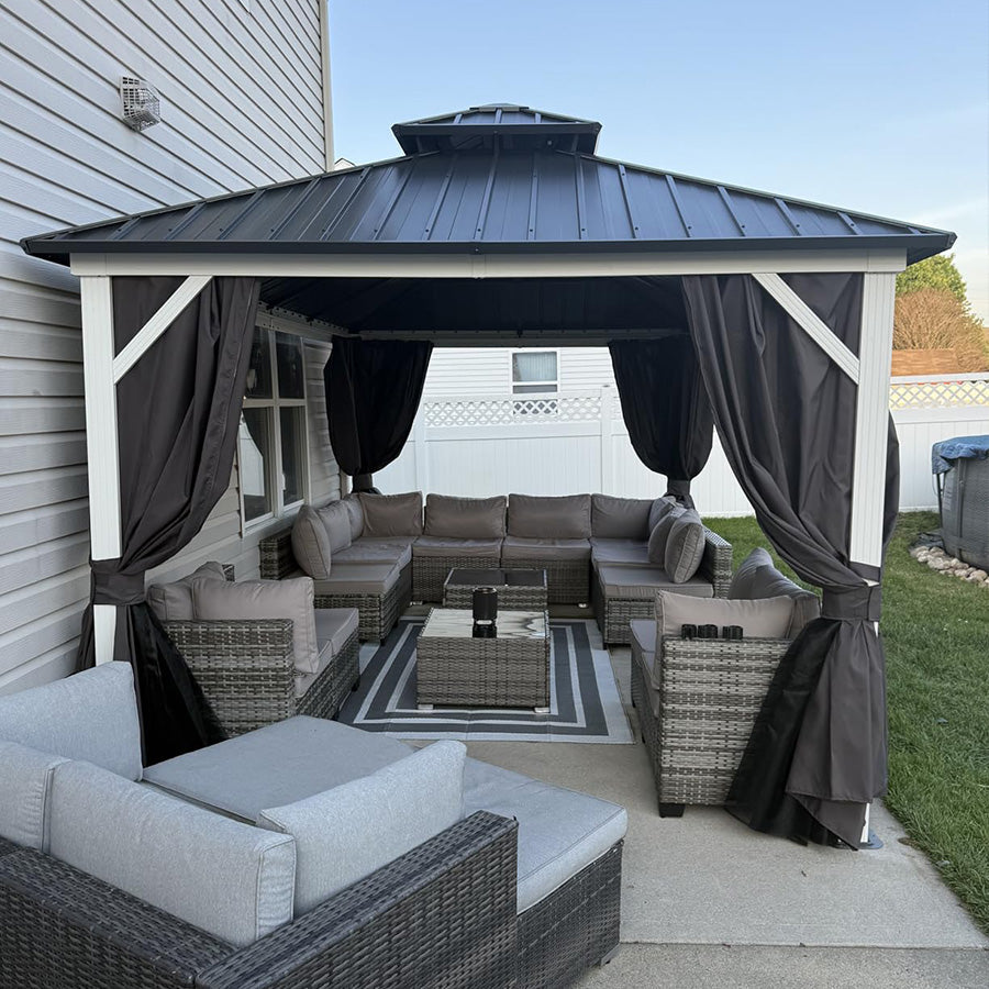 PURPLE LEAF Modern Gazebo Grey Hardtop Galvanized Steel Double Roof White Aluminum Poles with Curtains and Netting with Lights-clear