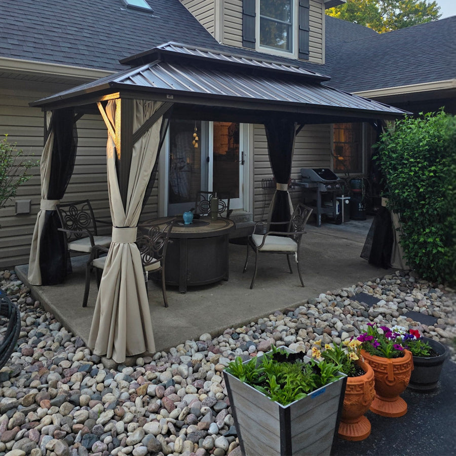 PURPLE LEAF Hardtop Gazebo Featuring Galvanized Steel Double Roof and Bronze Aluminum Frame with Curtains and Netting for Backyard with Lights-milky