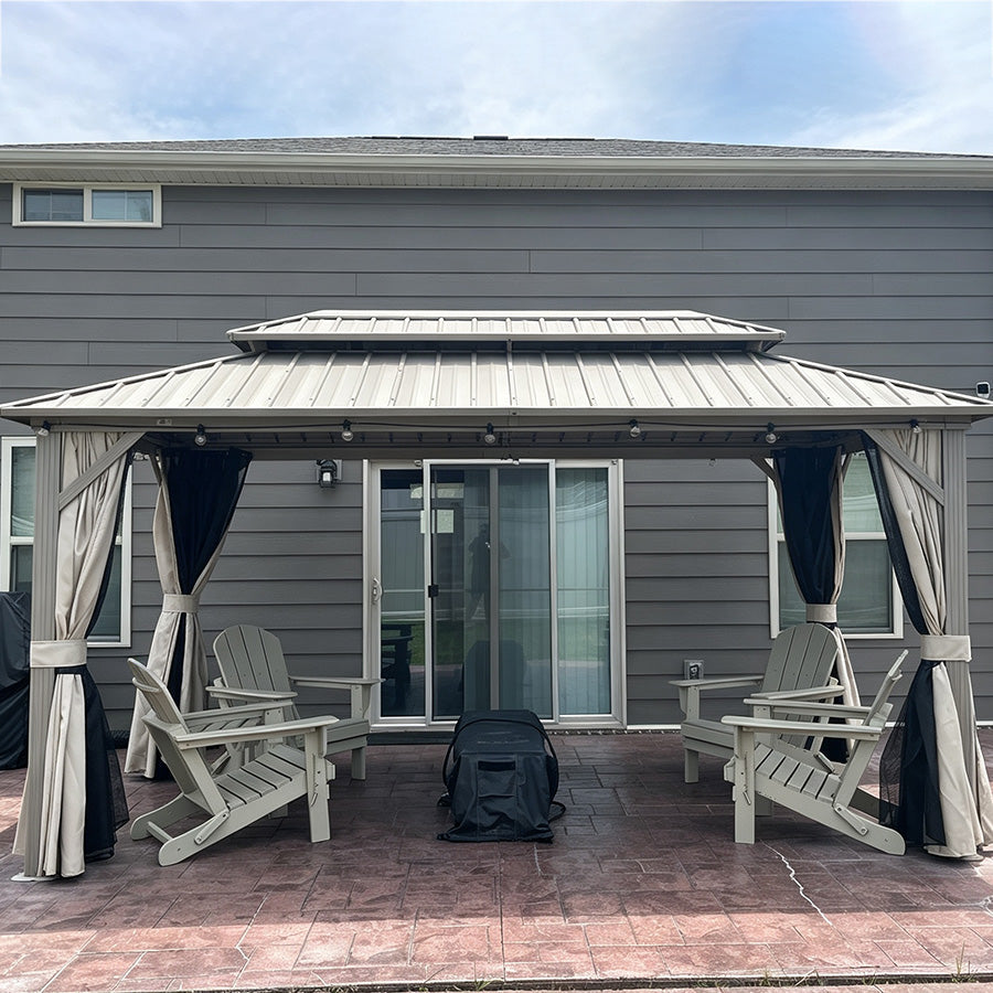 PURPLE LEAF Deck Gazebo Champagne Hardtop Metal Frame Double Roof with Curtains and Netting