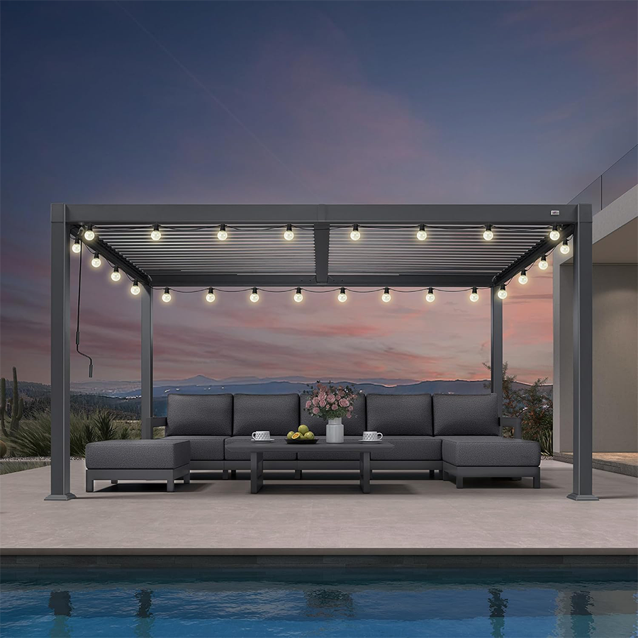 PURPLE LEAF Caesar Louvered Pergola with Yellow String Lights Patio Aluminum Pergola with Independent Adjustable Rainproof Roof Hardtop Pergola for Outdoor Deck Garden Yard