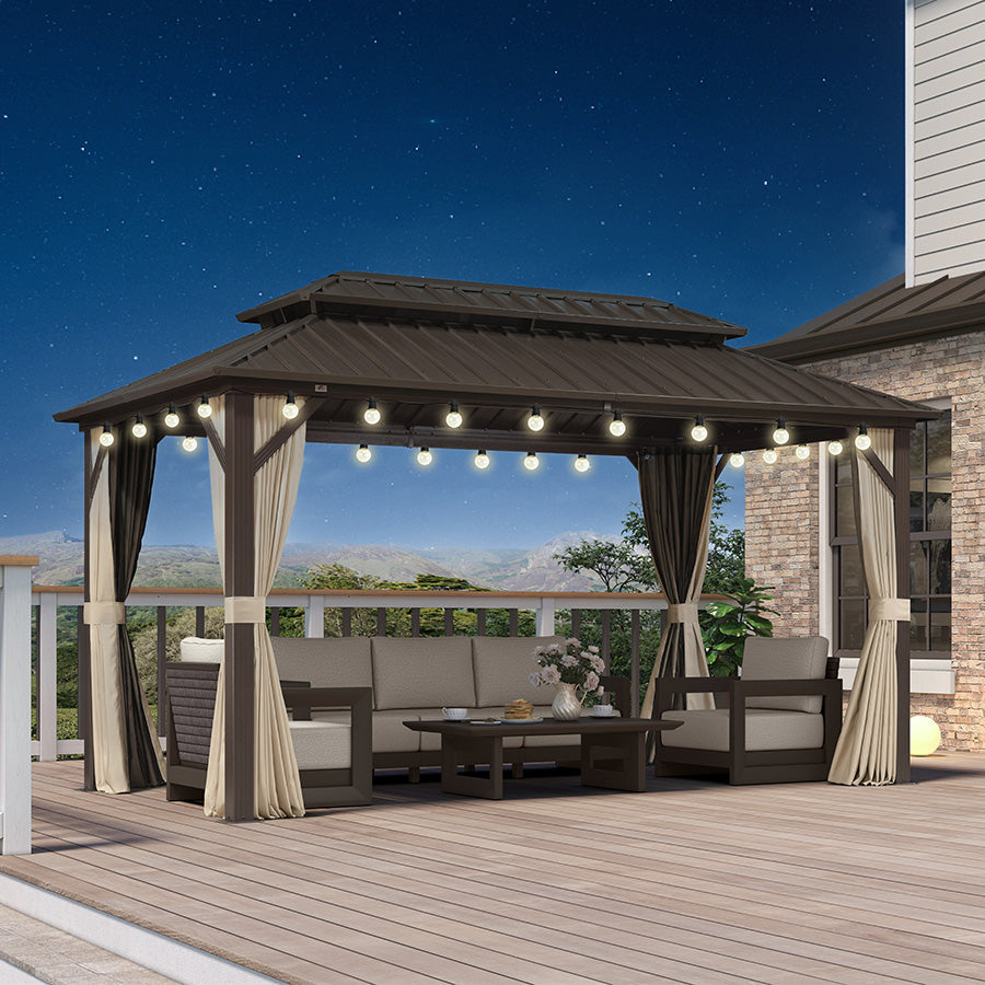 PURPLE LEAF Hardtop Gazebo Featuring Galvanized Steel Double Roof and Bronze Aluminum Frame with Curtains and Netting for Poolside with Lights-clear