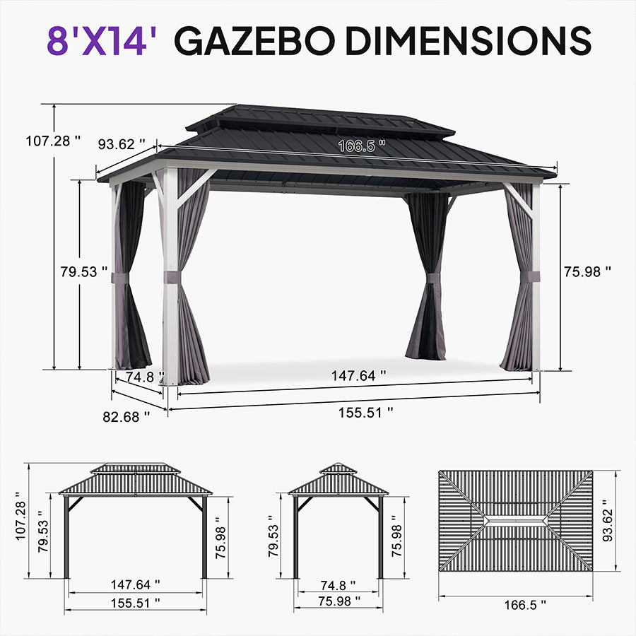 PURPLE LEAF Modern Gazebo Grey Hardtop Galvanized Steel Double Roof White Aluminum Poles with Curtains and Netting