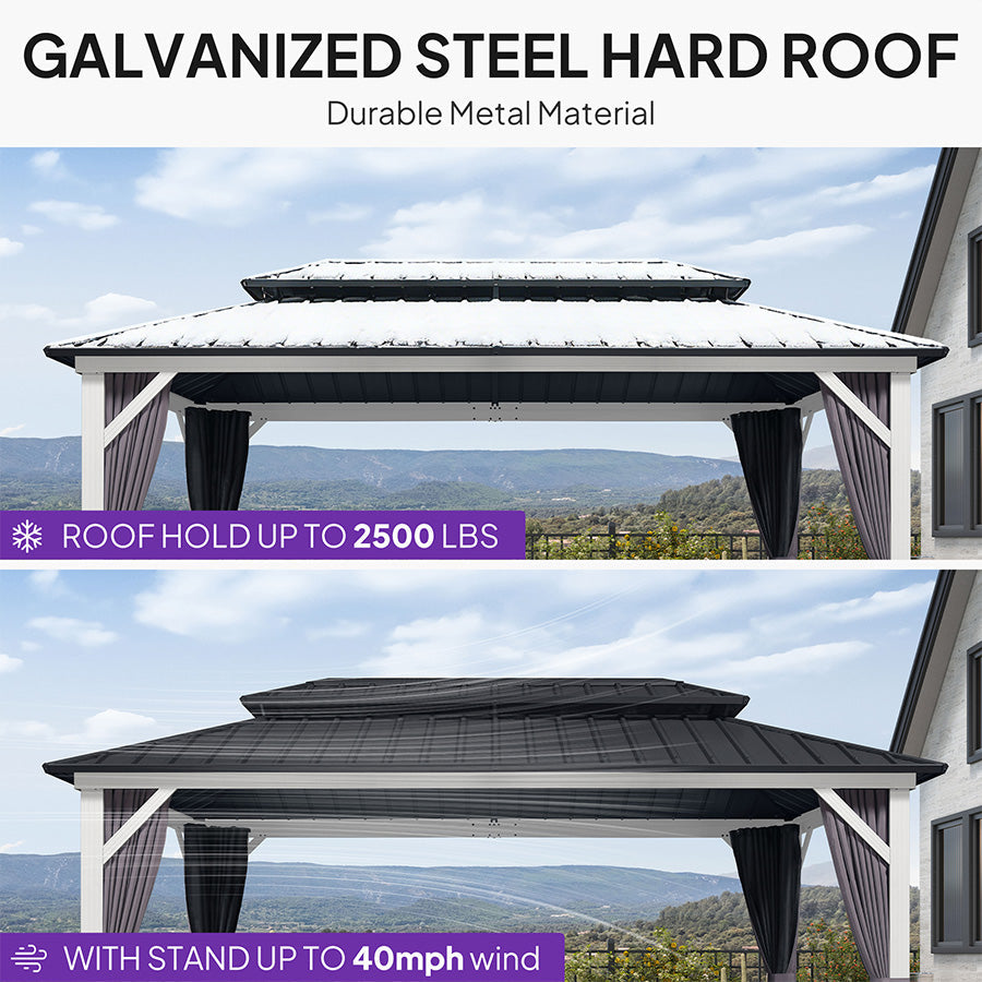 PURPLE LEAF Modern Gazebo Grey Hardtop Galvanized Steel Double Roof White Aluminum Poles with Curtains and Netting