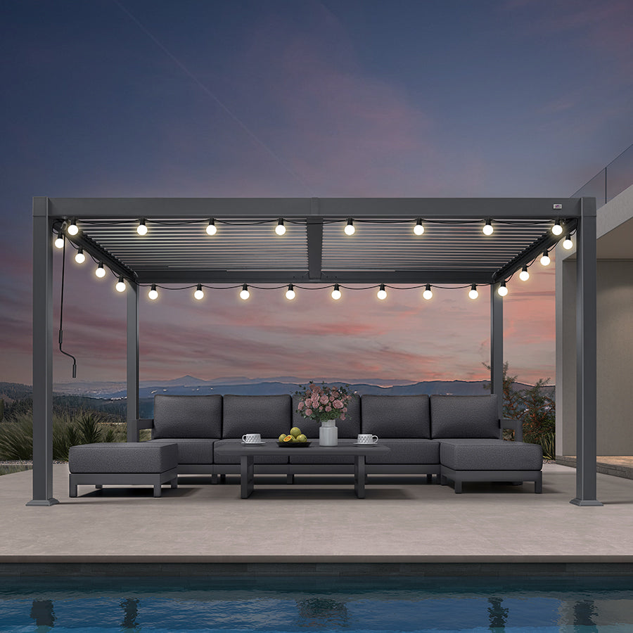 PURPLE LEAF Caesar Louvered Pergola with Milky String Lights Patio Aluminum Pergola with Independent Adjustable Rainproof Roof Hardtop Pergola for Outdoor Deck Garden Yard