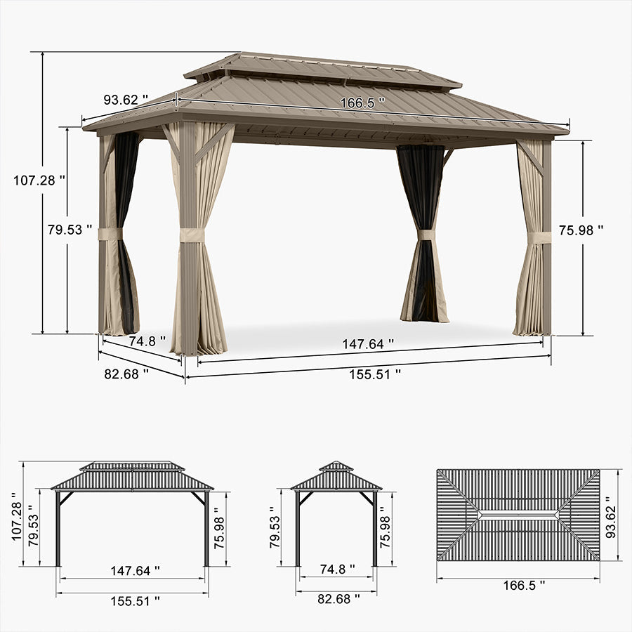 PURPLE LEAF Deck Gazebo Champagne Hardtop Metal Frame Double Roof with Curtains and Netting