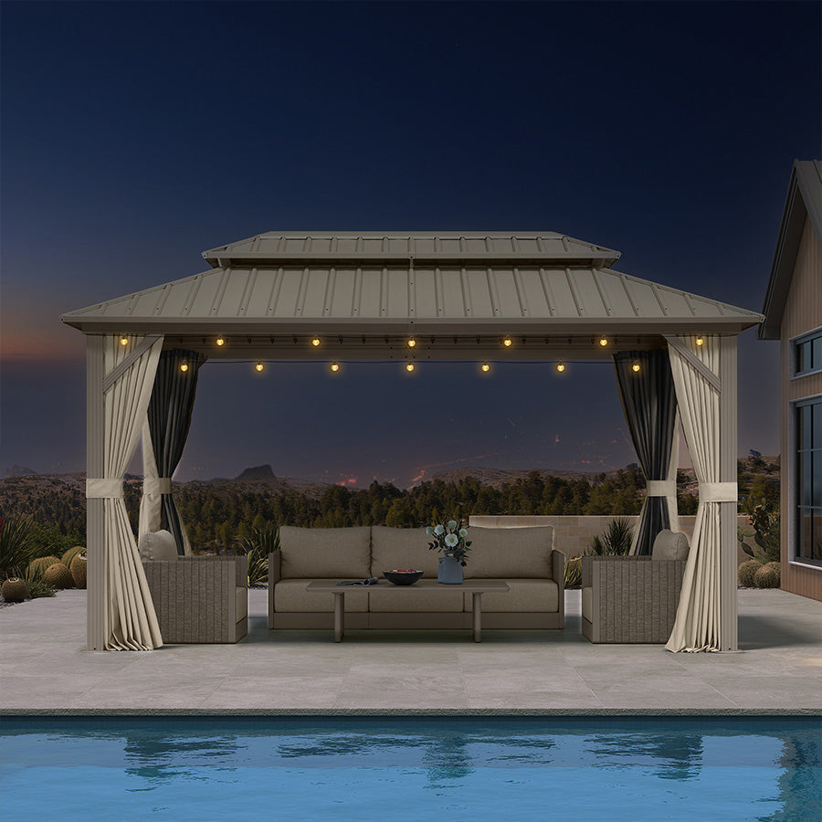 PURPLE LEAF Deck Gazebo Champagne Hardtop Metal Frame Double Roof with Curtains and Netting with Lights-clear