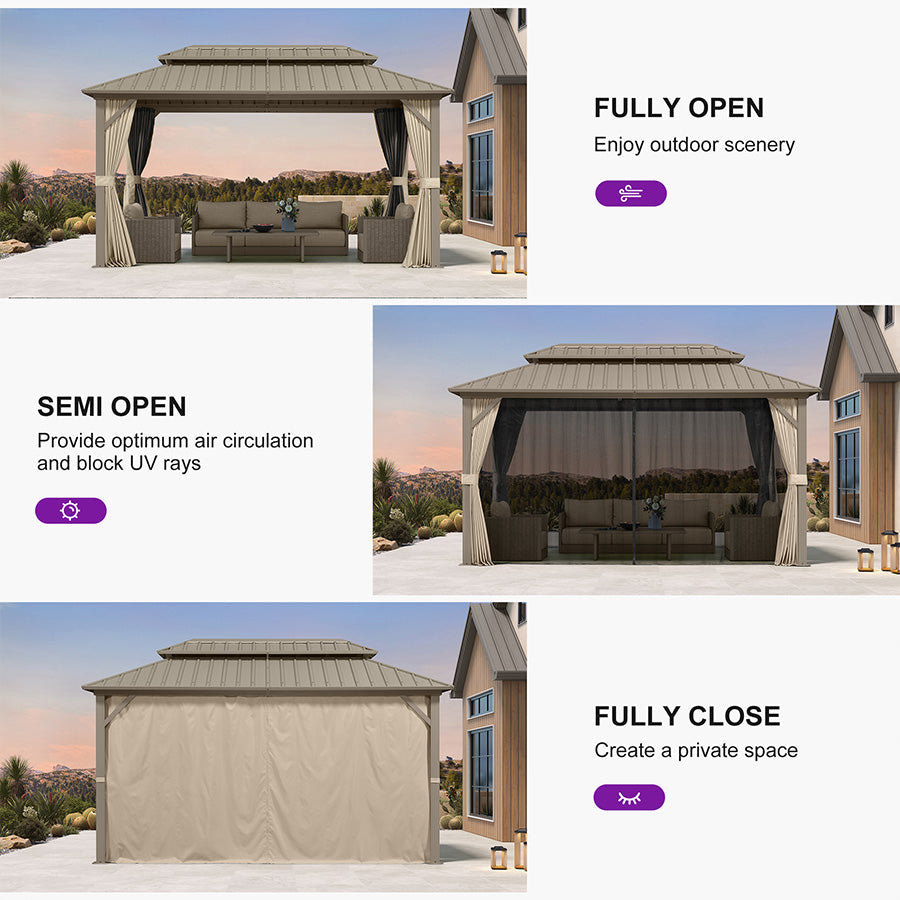 PURPLE LEAF Deck Gazebo Champagne Hardtop Metal Frame Double Roof with Curtains and Netting with Lights-milky