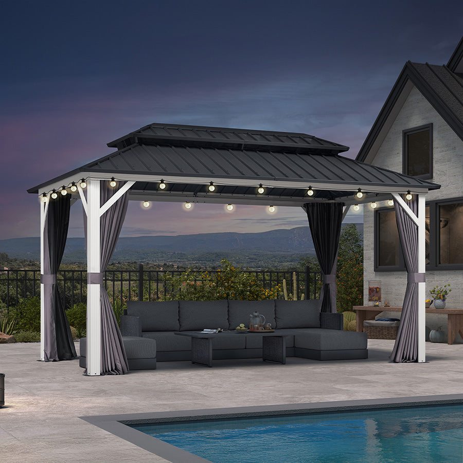 PURPLE LEAF Modern Gazebo Grey Hardtop Galvanized Steel Double Roof White Aluminum Poles with Curtains and Netting with Lights-clear