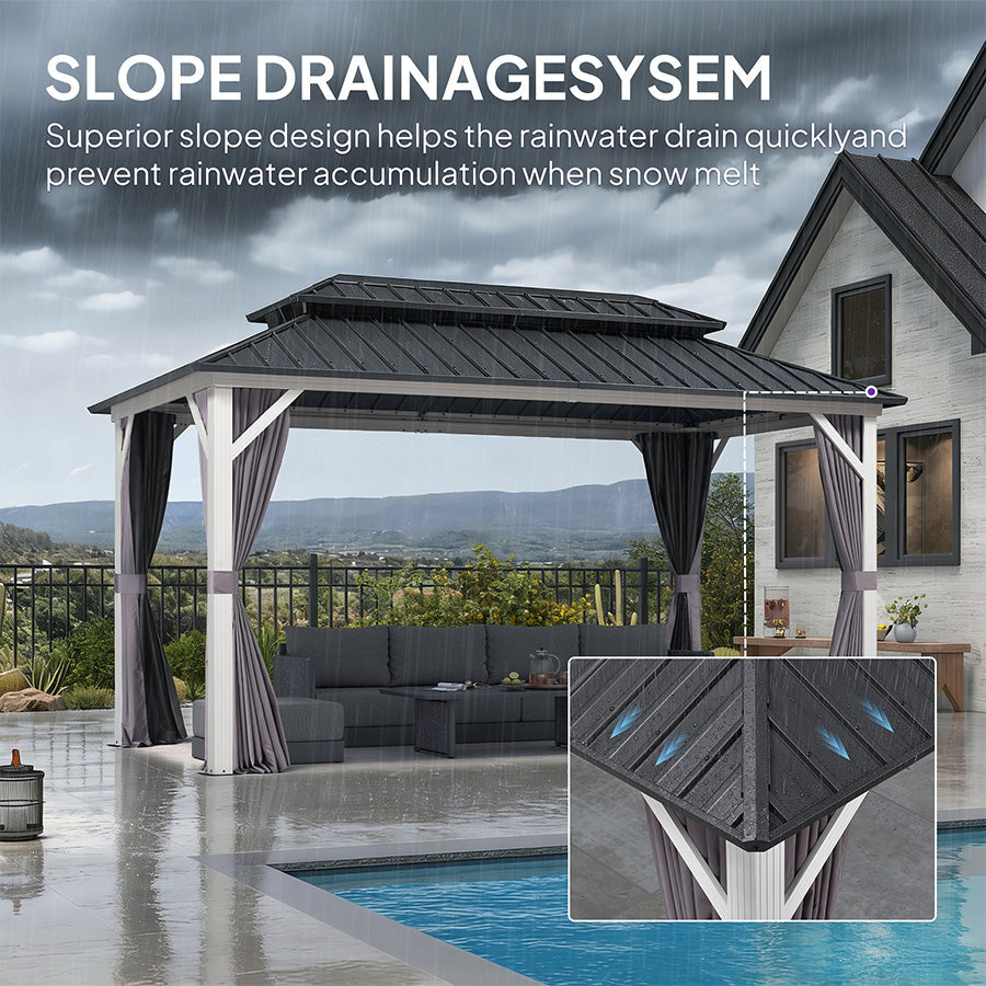 PURPLE LEAF Modern Gazebo Grey Hardtop Galvanized Steel Double Roof White Aluminum Poles with Curtains and Netting