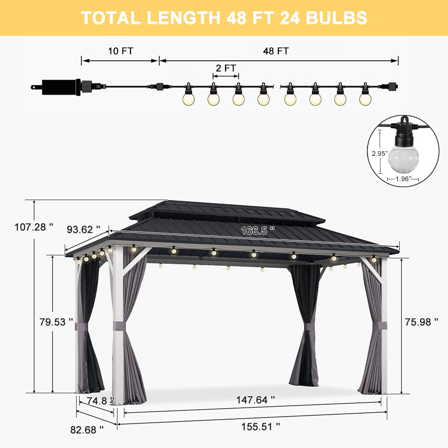 PURPLE LEAF Modern Gazebo Grey Hardtop Galvanized Steel Double Roof White Aluminum Poles with Curtains and Netting with Lights-clear