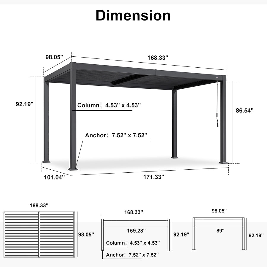 PURPLE LEAF Caesar Solar Louvered Pergola with LED Strip Lights and Control Panel Aluminum Outdoor Pergola with Adjustable Roof for Patio Deck Garden Yard Gray