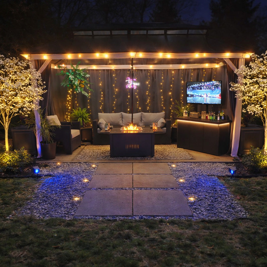 PURPLE LEAF Modern Gazebo Grey Hardtop Galvanized Steel Double Roof White Aluminum Poles with Curtains and Netting with Lights-milky