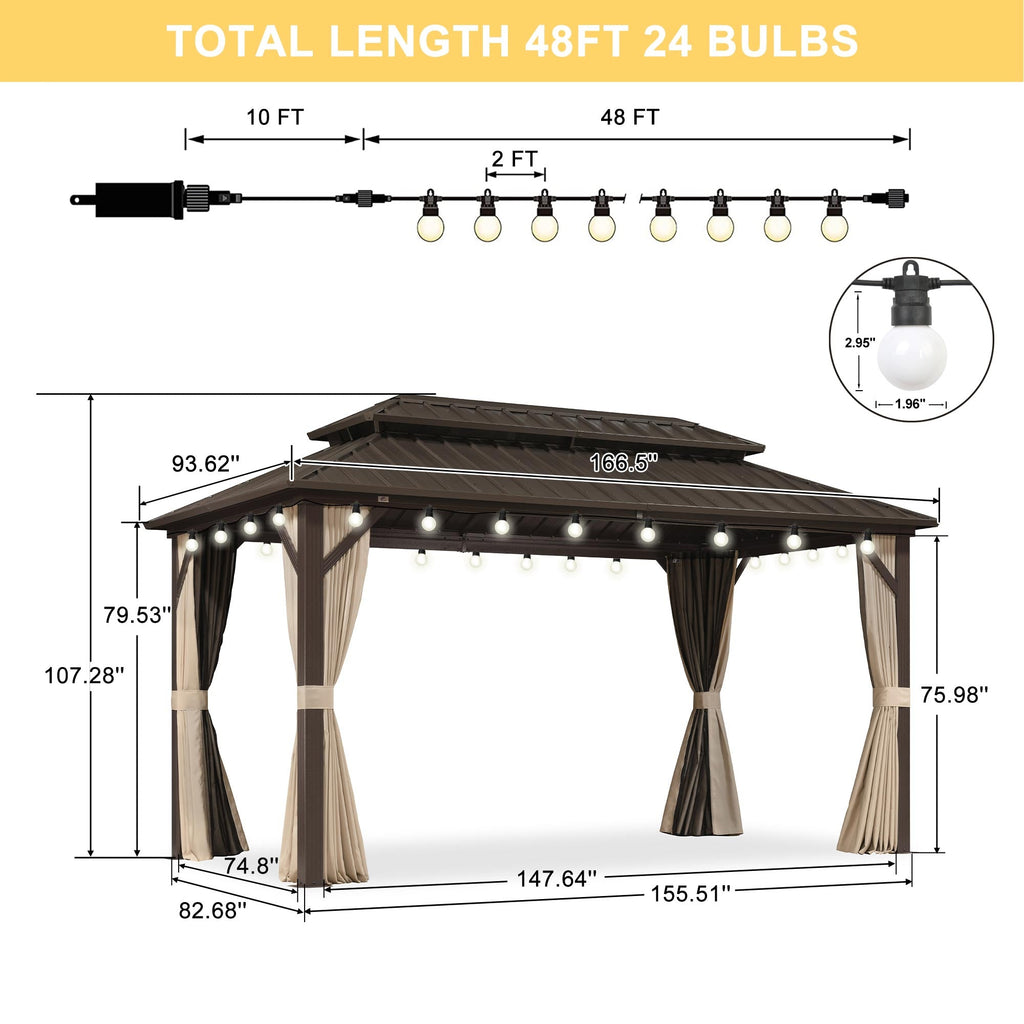 PURPLE LEAF Hardtop Gazebo Featuring Galvanized Steel Double Roof and Bronze Aluminum Frame with Curtains and Netting for Backyard with Lights-milky
