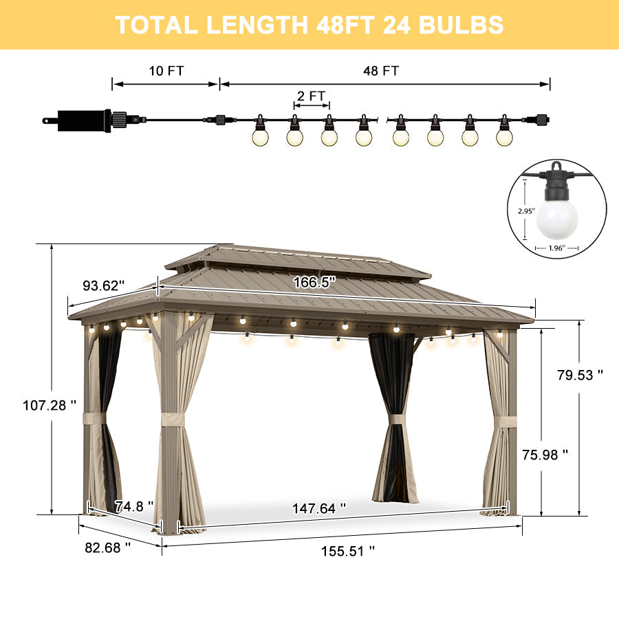 PURPLE LEAF Deck Gazebo Champagne Hardtop Metal Frame Double Roof with Curtains and Netting with Lights-milky