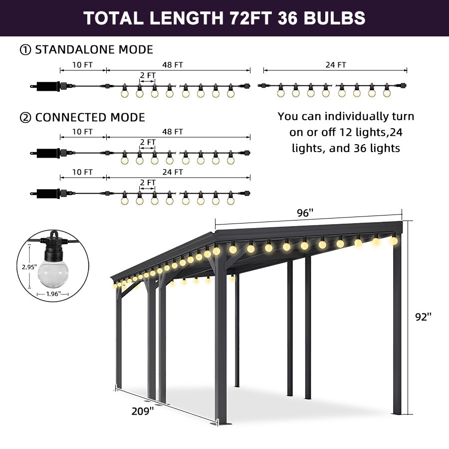PURPLE LEAF Lean to Gazebo Metal Roof Patio Cover Built-in Drain Slots Wall Mounted Gazebo with Lights-clear for Outdoor Extension