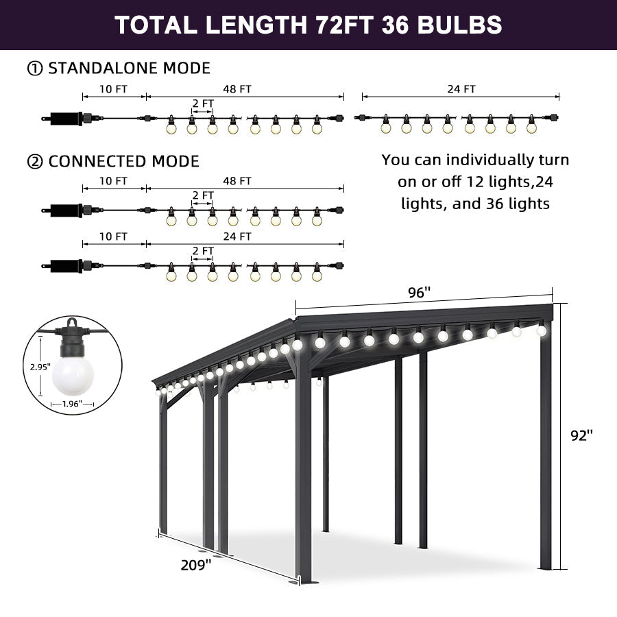 PURPLE LEAF Lean to Gazebo Metal Roof Patio Cover Built-in Drain Slots Wall Mounted Gazebo with Lights-milky for Outdoor Extension