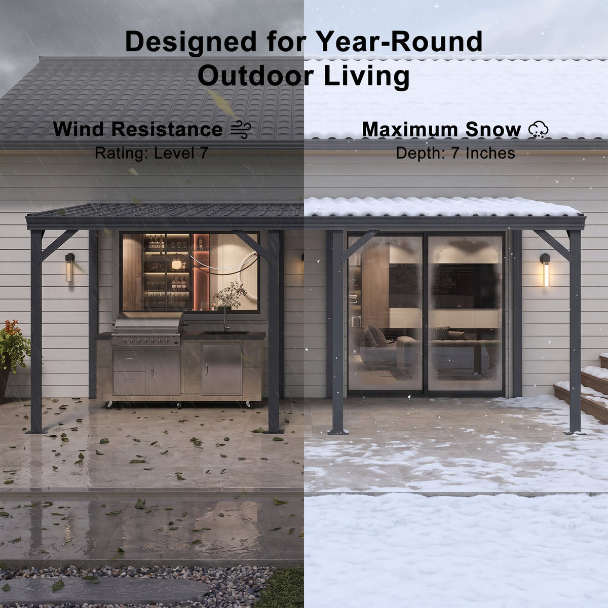 PURPLE LEAF Lean to Gazebo Metal Roof Patio Cover Built-in Drain Slots Wall Mounted Gazebo with Lights-milky for Outdoor Extension