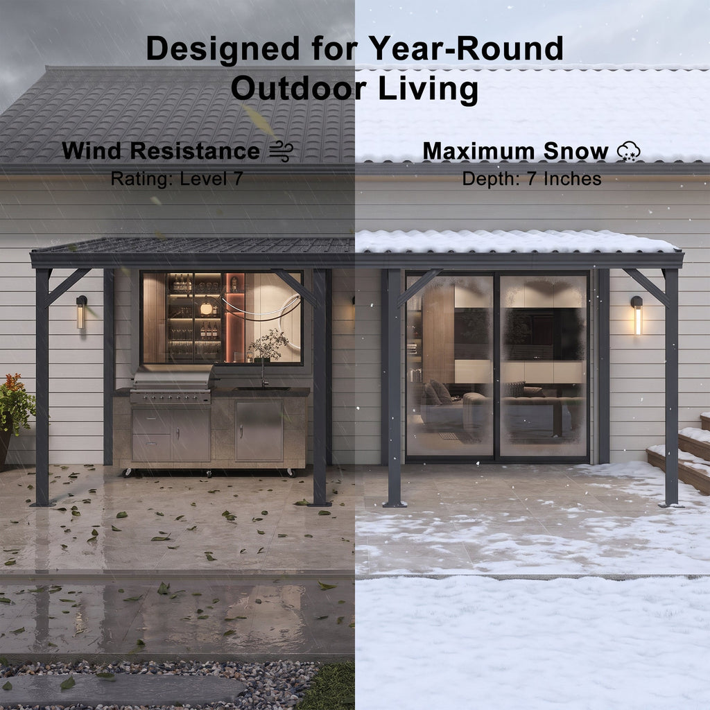 PURPLE LEAF Lean to Gazebo Metal Roof Patio Cover Built-in Drain Slots Wall Mounted Gazebo for Outdoor Extension