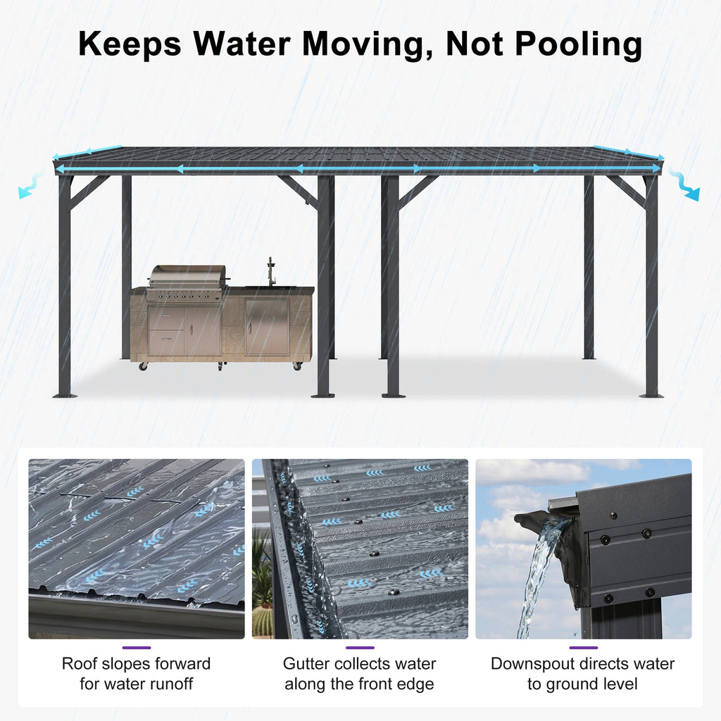 PURPLE LEAF Lean to Gazebo Metal Roof Patio Cover Built-in Drain Slots Wall Mounted Gazebo with Lights-clear for Outdoor Extension