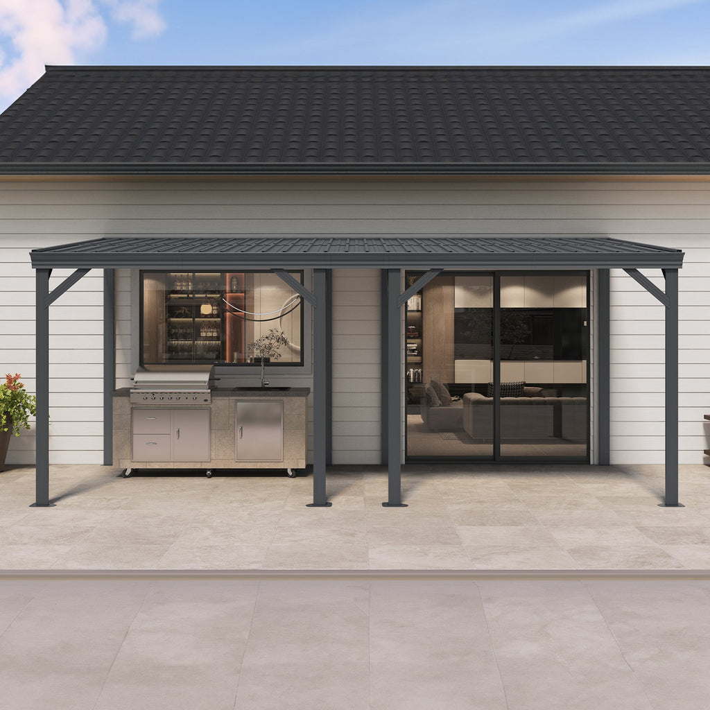 PURPLE LEAF Lean to Gazebo Metal Roof Patio Cover Built-in Drain Slots Wall Mounted Gazebo for Outdoor Extension