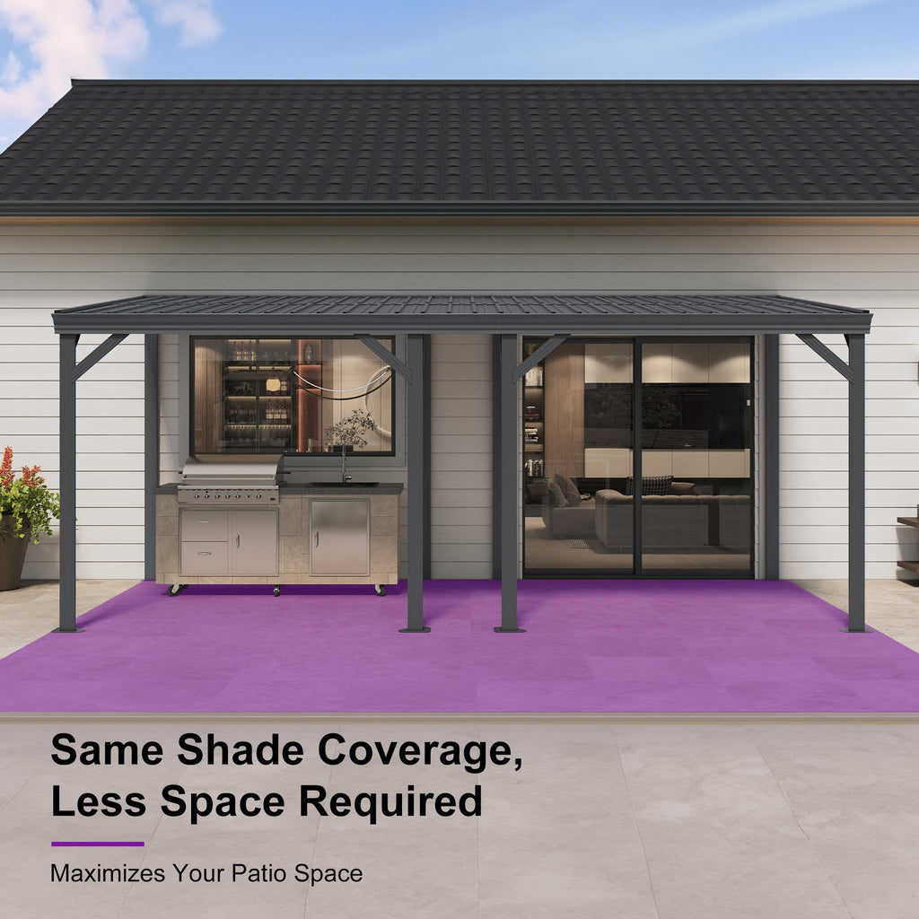 PURPLE LEAF Lean to Gazebo Metal Roof Patio Cover Built-in Drain Slots Wall Mounted Gazebo with Lights-clear for Outdoor Extension