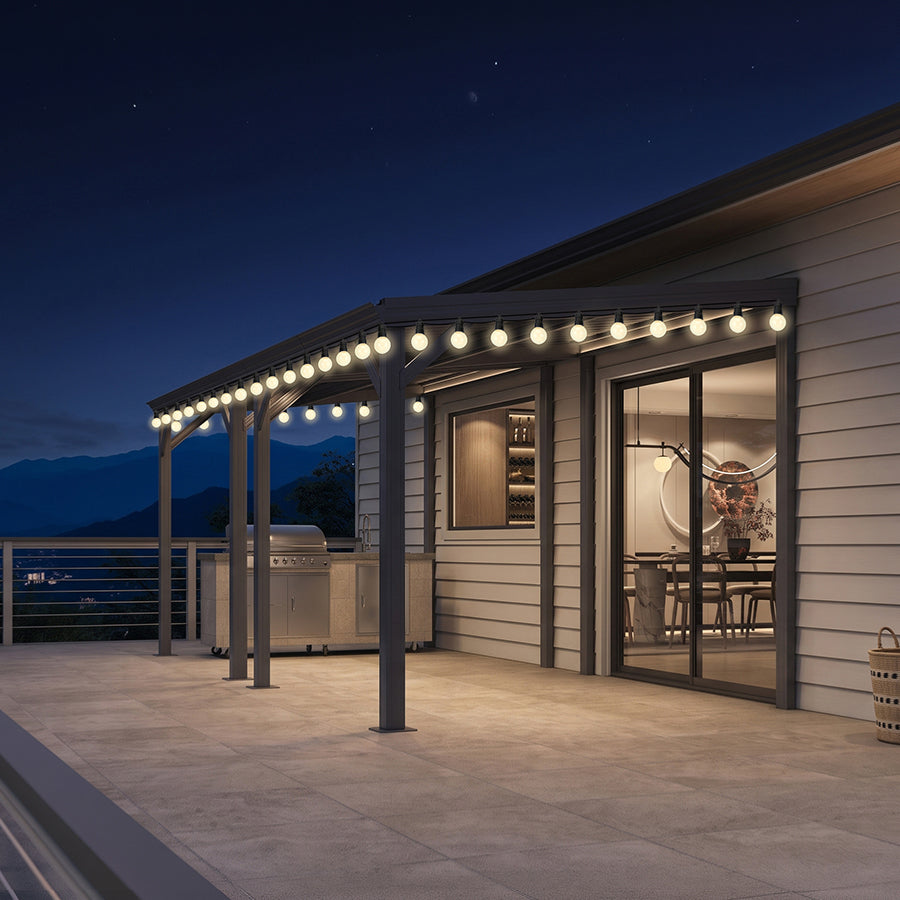 PURPLE LEAF Lean to Gazebo Metal Roof Patio Cover Built-in Drain Slots Wall Mounted Gazebo with Lights-clear for Outdoor Extension