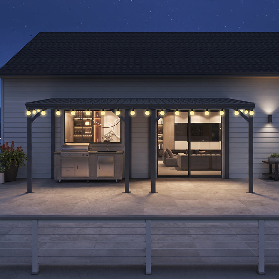 PURPLE LEAF Lean to Gazebo Metal Roof Patio Cover Built-in Drain Slots Wall Mounted Gazebo with Lights-clear for Outdoor Extension