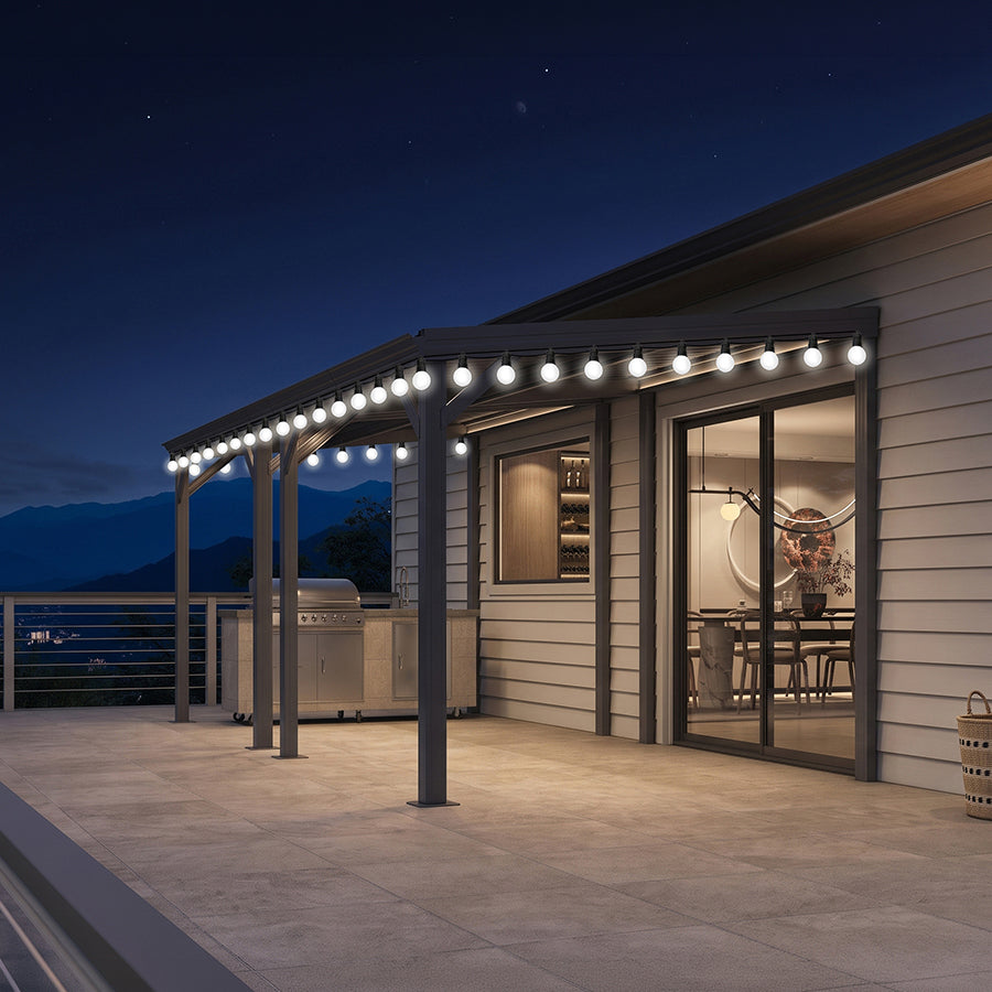 PURPLE LEAF Lean to Gazebo Metal Roof Patio Cover Built-in Drain Slots Wall Mounted Gazebo with Lights-milky for Outdoor Extension