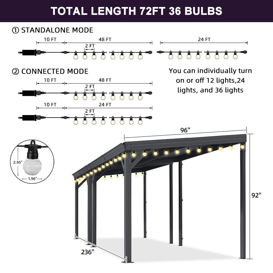 PURPLE LEAF Lean to Gazebo Metal Roof Patio Cover Built-in Drain Slots Wall Mounted Gazebo with Lights-clear for Outdoor Extension