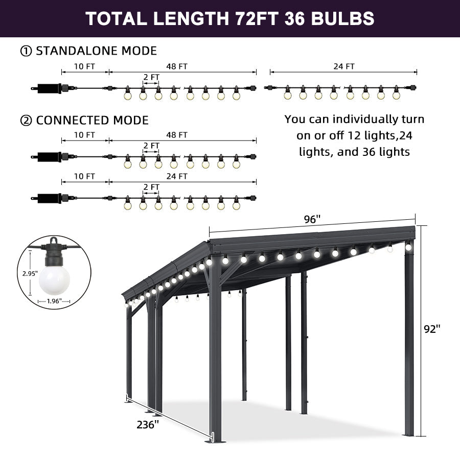 PURPLE LEAF Lean to Gazebo Metal Roof Patio Cover Built-in Drain Slots Wall Mounted Gazebo with Lights-milky for Outdoor Extension