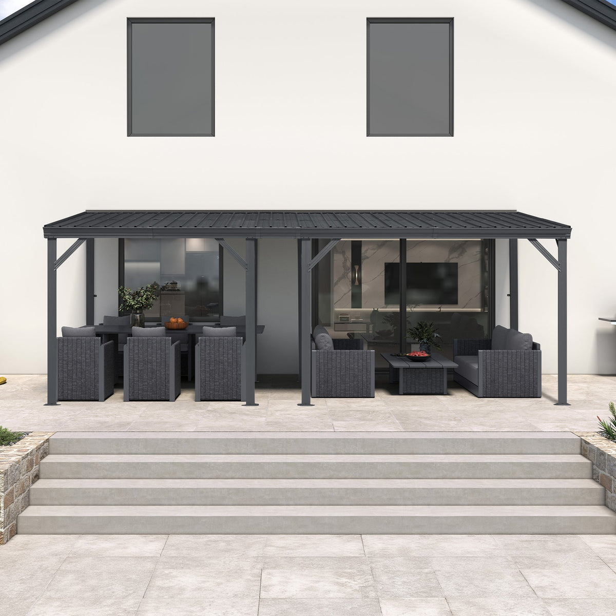 PURPLE LEAF Lean to Gazebo Metal Roof Patio Cover Built-in Drain Slots Wall Mounted Gazebo for Outdoor Extension