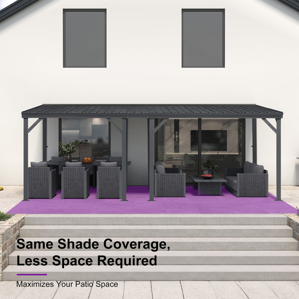 PURPLE LEAF Lean to Gazebo Metal Roof Patio Cover Built-in Drain Slots Wall Mounted Gazebo with Lights-clear for Outdoor Extension