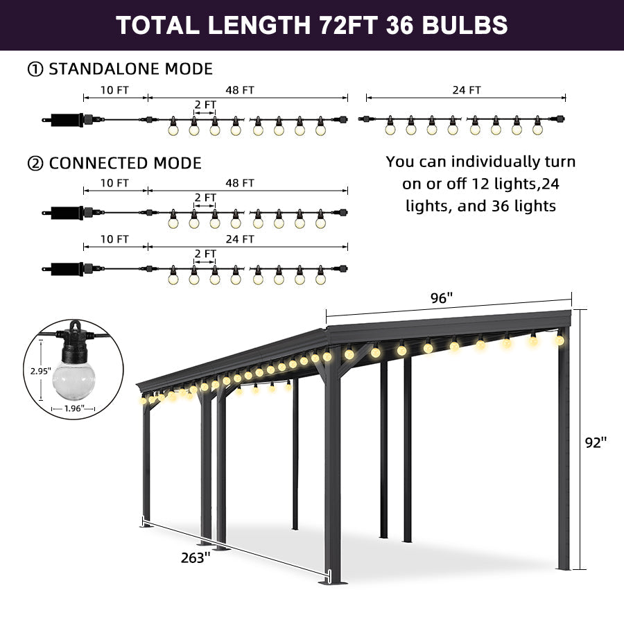 PURPLE LEAF Lean to Gazebo Metal Roof Patio Cover Built-in Drain Slots Wall Mounted Gazebo with Lights-clear for Outdoor Extension