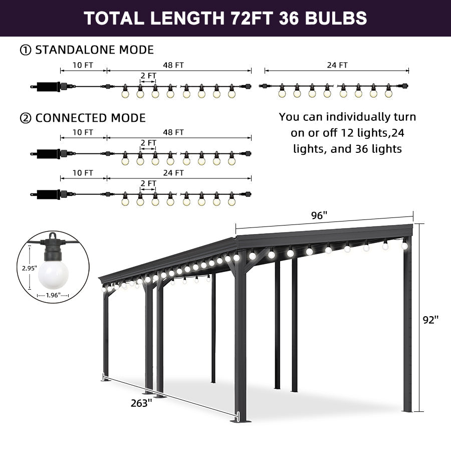 PURPLE LEAF Lean to Gazebo Metal Roof Patio Cover Built-in Drain Slots Wall Mounted Gazebo with Lights-milky for Outdoor Extension