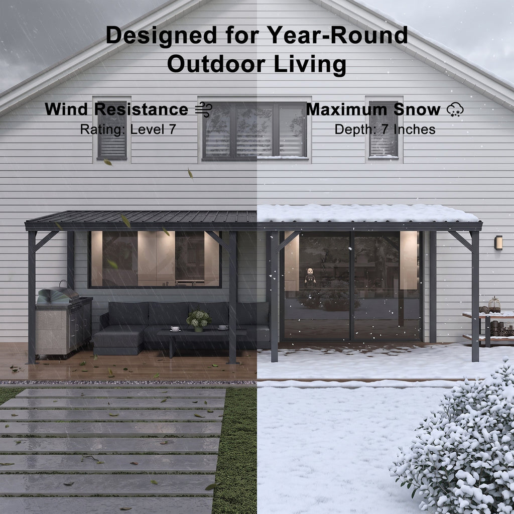 PURPLE LEAF Lean to Gazebo Metal Roof Patio Cover Built-in Drain Slots Wall Mounted Gazebo for Outdoor Extension
