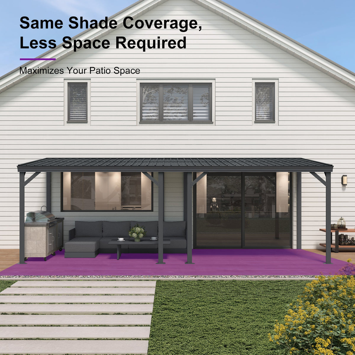 PURPLE LEAF Lean to Gazebo Metal Roof Patio Cover Built-in Drain Slots Wall Mounted Gazebo with Lights-milky for Outdoor Extension