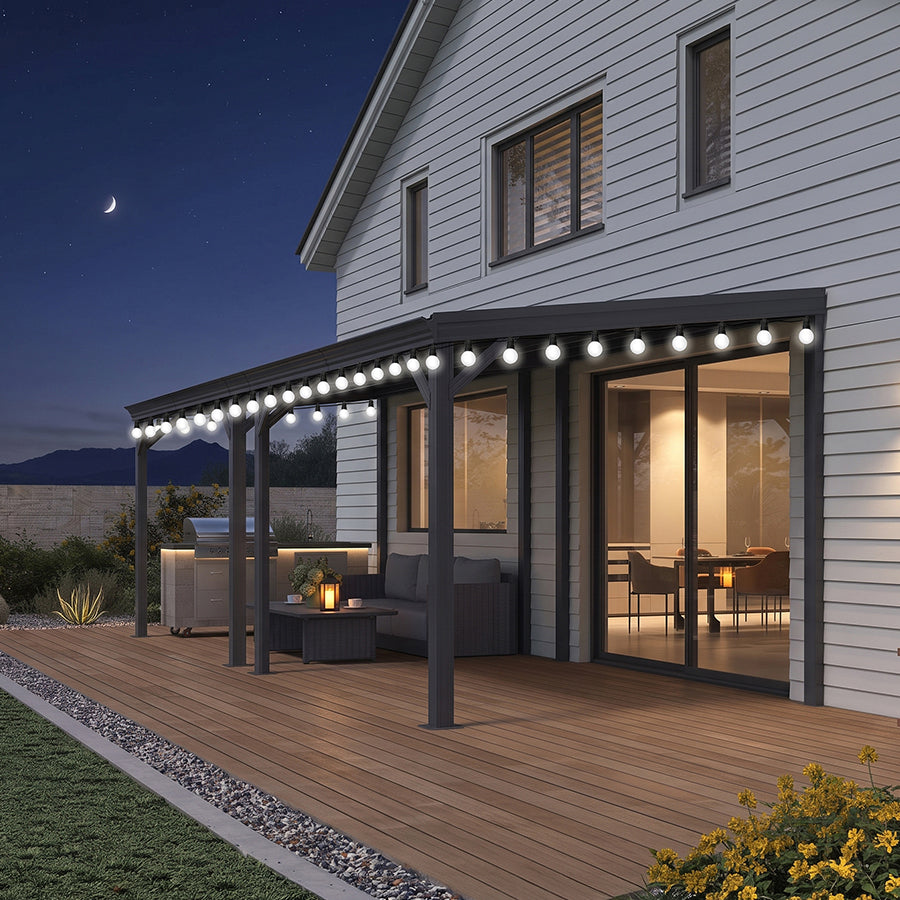 PURPLE LEAF Lean to Gazebo Metal Roof Patio Cover Built-in Drain Slots Wall Mounted Gazebo with Lights-milky for Outdoor Extension