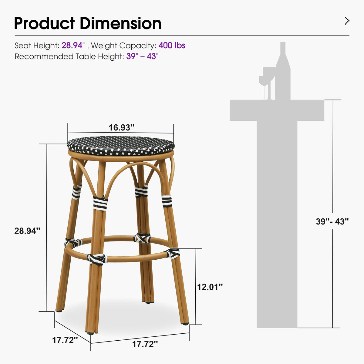 PURPLE LEAF Patio French Round Counter Stool Set of 2 Rattan Backless Stackable Barstools Aluminum Frame Footrest with Woven Wicker for Outdoor Kitchen Yard