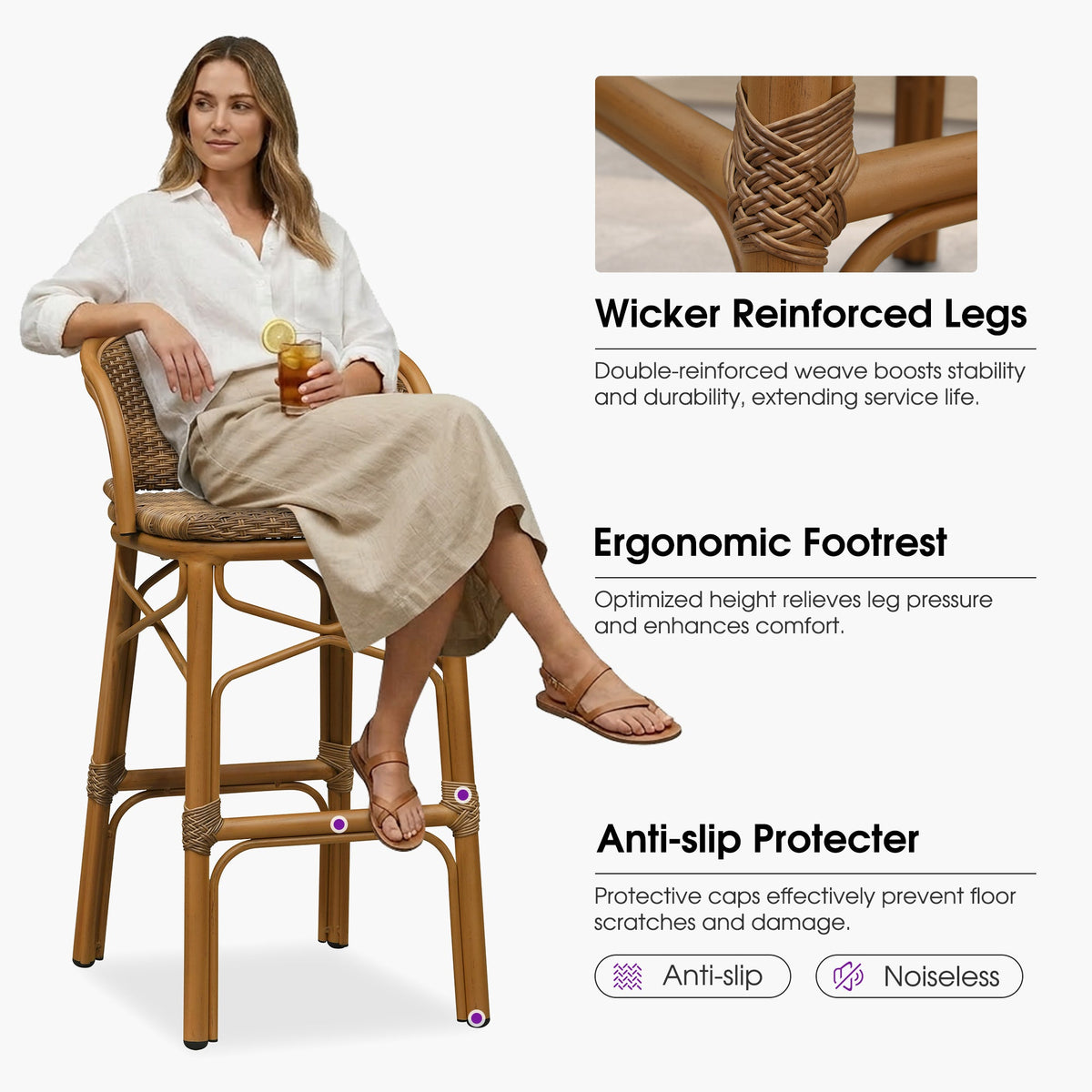 PURPLE LEAF Outdoor Bar Stools Set of 2 Rattan Patio Tall Bar Chairs Aluminum Frame with Back Barstools for Kitchen Garden Backyard Bistros Restaurant