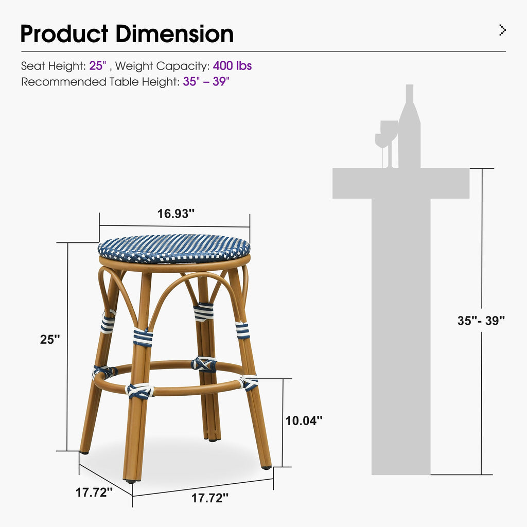 PURPLE LEAF Patio French Round Counter Stool Set of 2 Rattan Backless Stackable Barstools Aluminum Frame Footrest with Woven Wicker for Outdoor Kitchen Yard