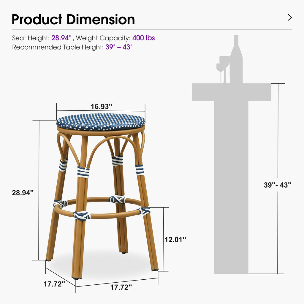 PURPLE LEAF Patio French Round Counter Stool Set of 2 Rattan Backless Stackable Barstools Aluminum Frame Footrest with Woven Wicker for Outdoor Kitchen Yard