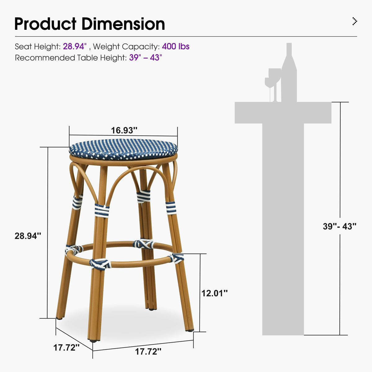PURPLE LEAF Patio French Round Counter Stool Set of 2 Rattan Backless Stackable Barstools Aluminum Frame Footrest with Woven Wicker for Outdoor Kitchen Yard