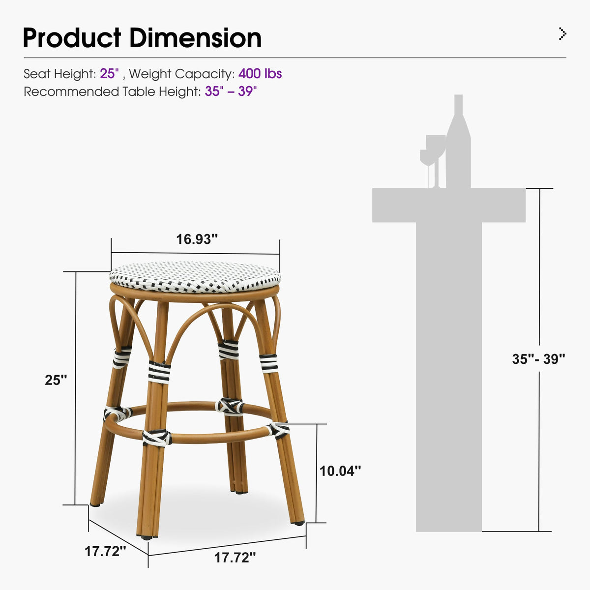 PURPLE LEAF Patio French Round Counter Stool Set of 2 Rattan Backless Stackable Barstools Aluminum Frame Footrest with Woven Wicker for Outdoor Kitchen Yard