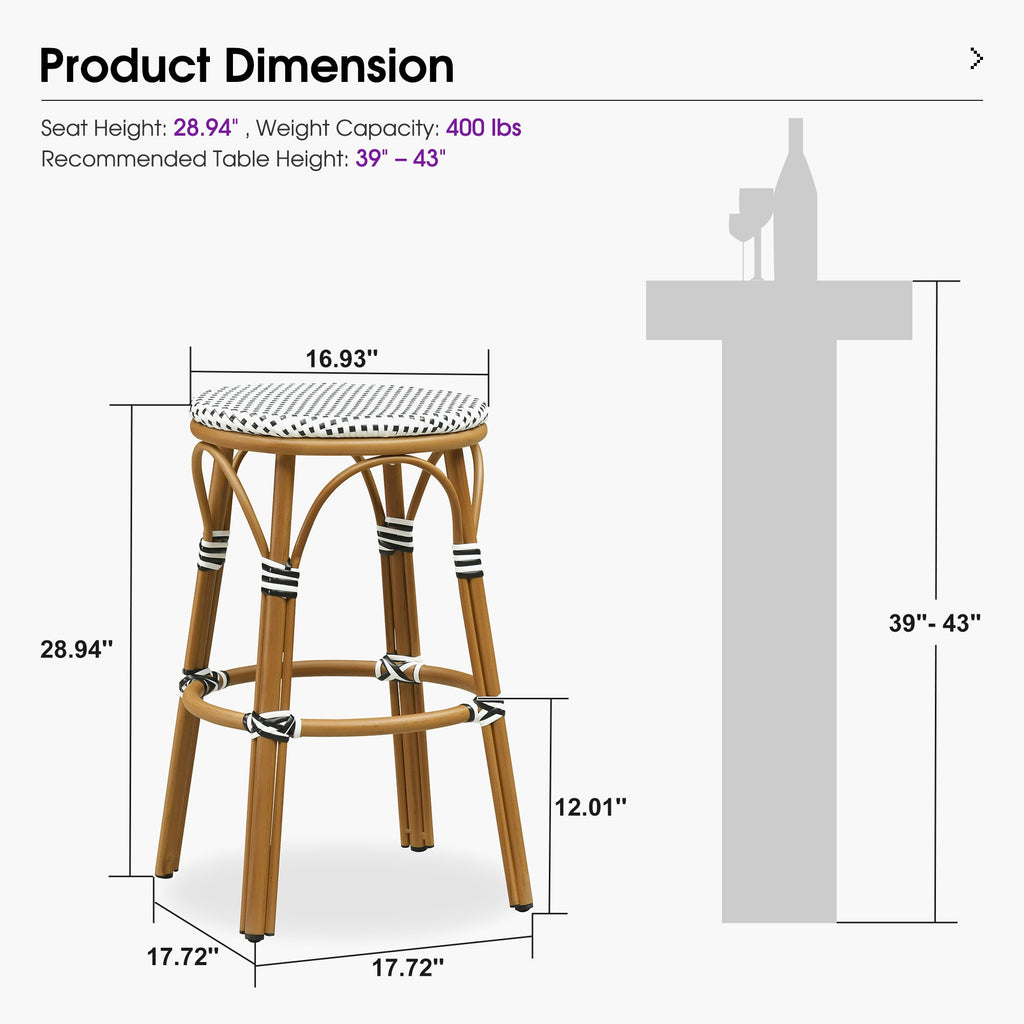 PURPLE LEAF Patio French Round Counter Stool Set of 2 Rattan Backless Stackable Barstools Aluminum Frame Footrest with Woven Wicker for Outdoor Kitchen Yard